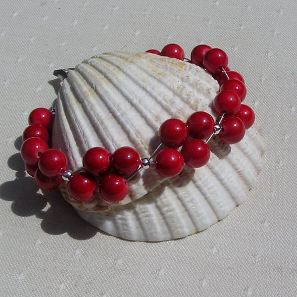Natural Red Coral Gemstone Beaded Bracelet "Holly Berry"