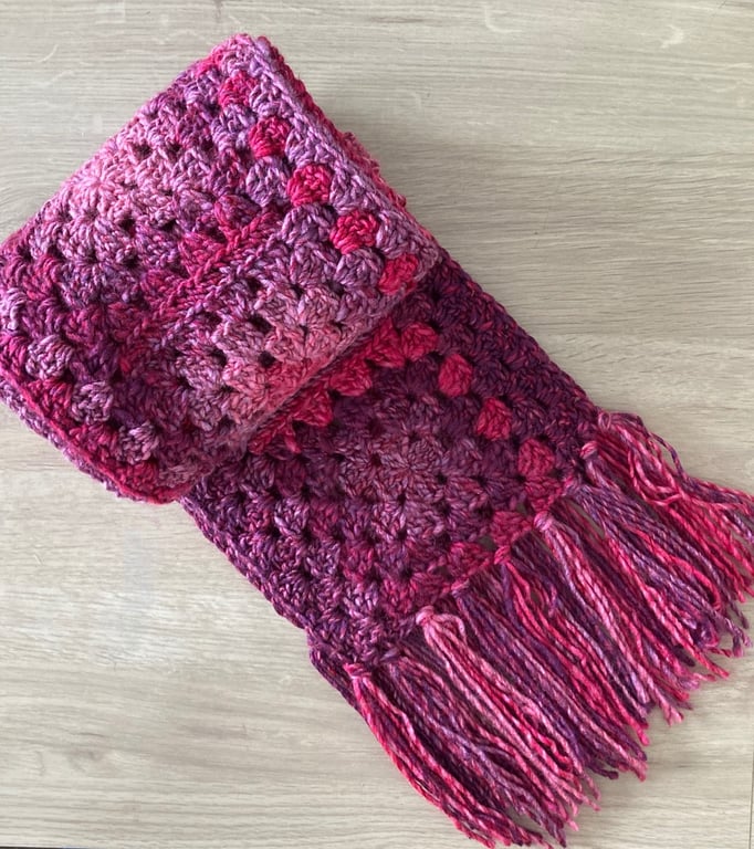Chunky Crocheted Granny Square Scarf - Shades of Pink