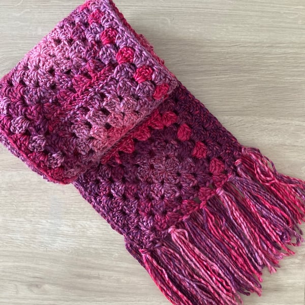 Chunky Crocheted Granny Square Scarf - Shades of Pink