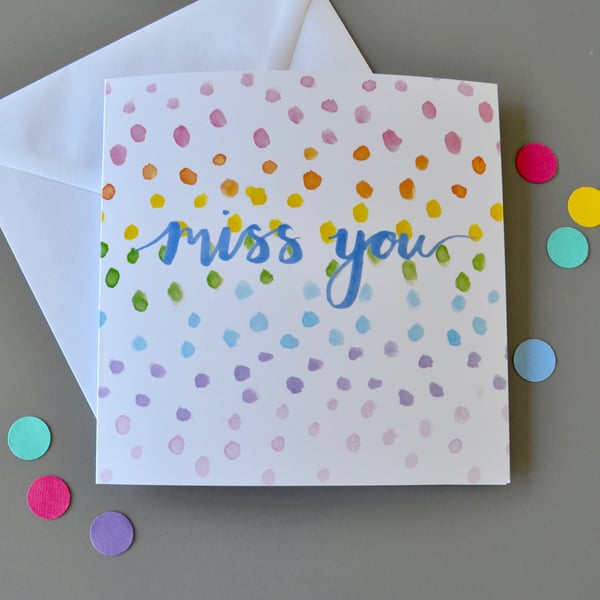Miss you card with rainbow watercolour pattern