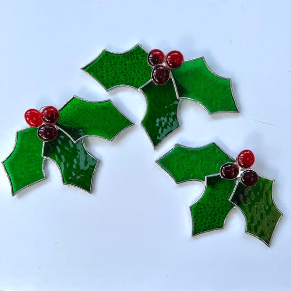 Stained Glass Holly and Berry Suncatcher - Handmade Window Decoration 