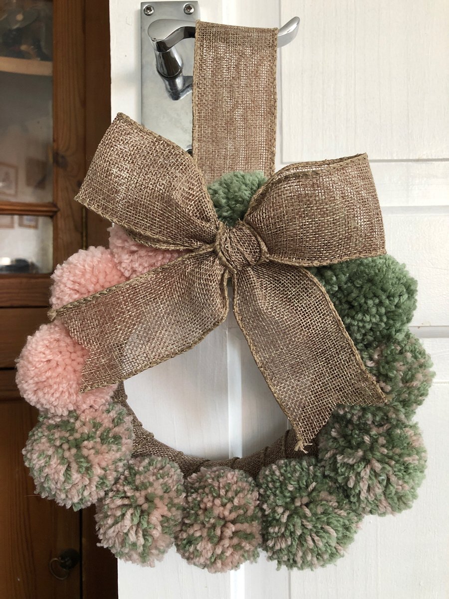 Lovey hessian and wool Pom Pom wreath pink and green ombré 