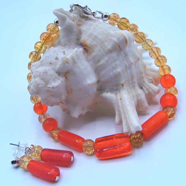 Orange & Yellow Bead Bracelet & Earrings Set, Gift for Her, Bracelet & Earrings