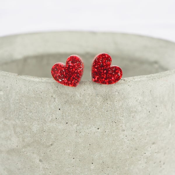 Red glitter small heart studs, Hypoallergenic titanium posts