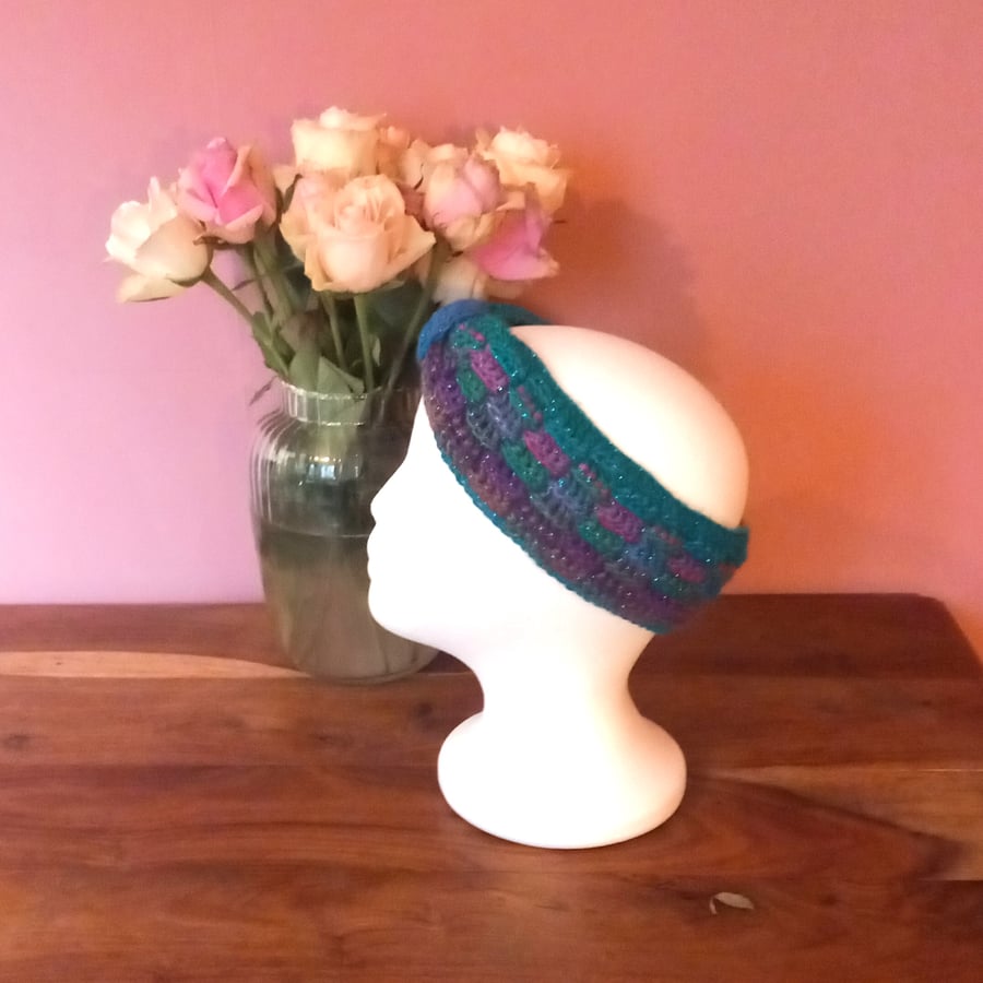 Sparkling Jewel Hues Ear Warmer, glimmering crochet headband