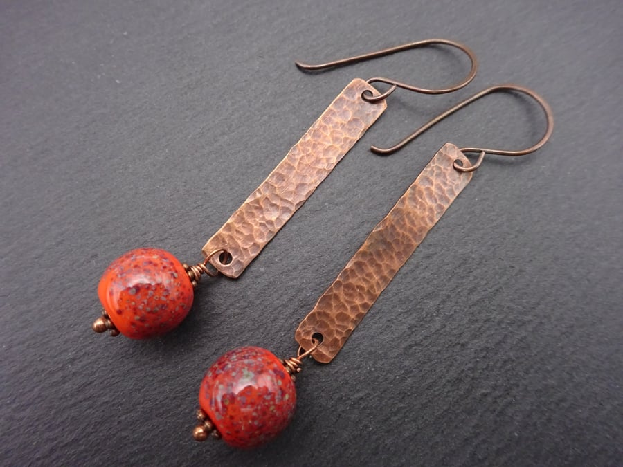 copper long earrings, orange lampwork glass jewellery