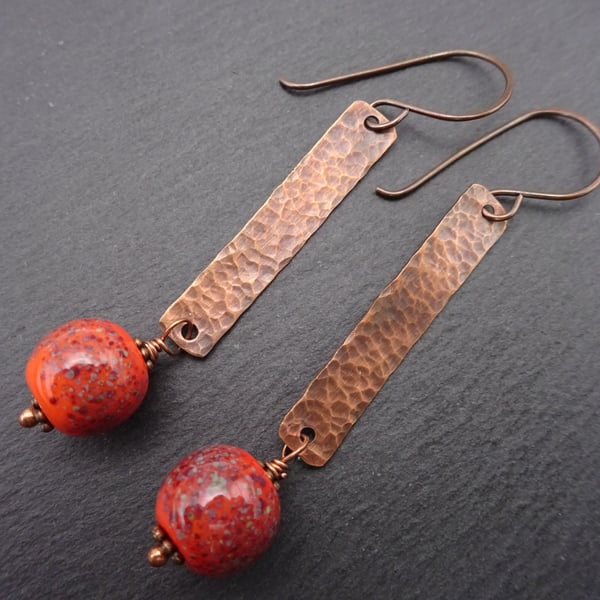 copper long earrings, orange lampwork glass jewellery