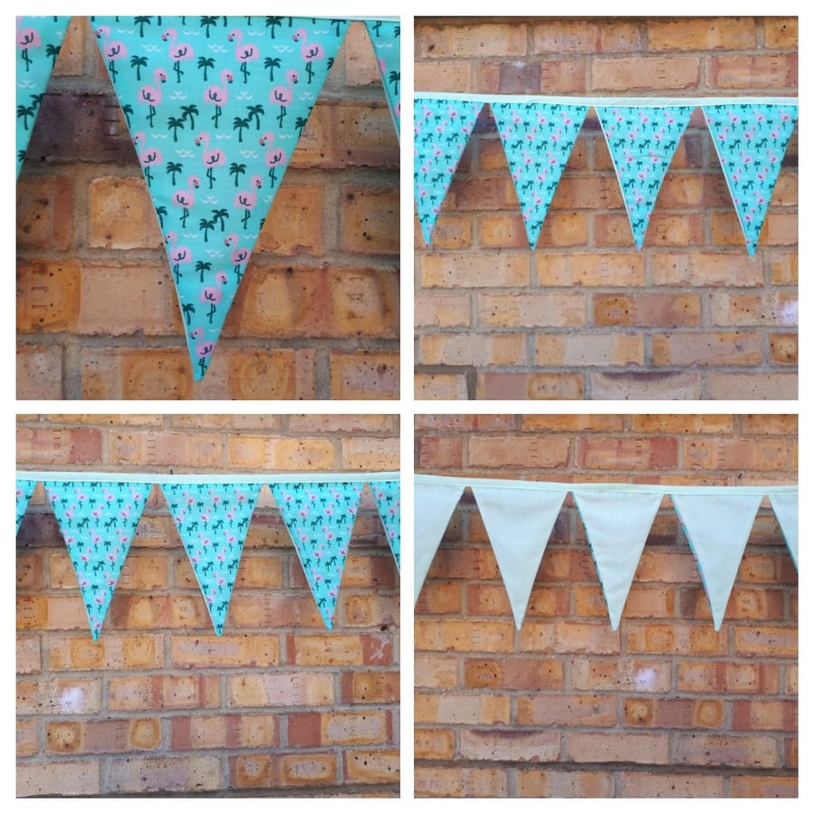 Bunting in flamingo fabric with pale green lining. 
