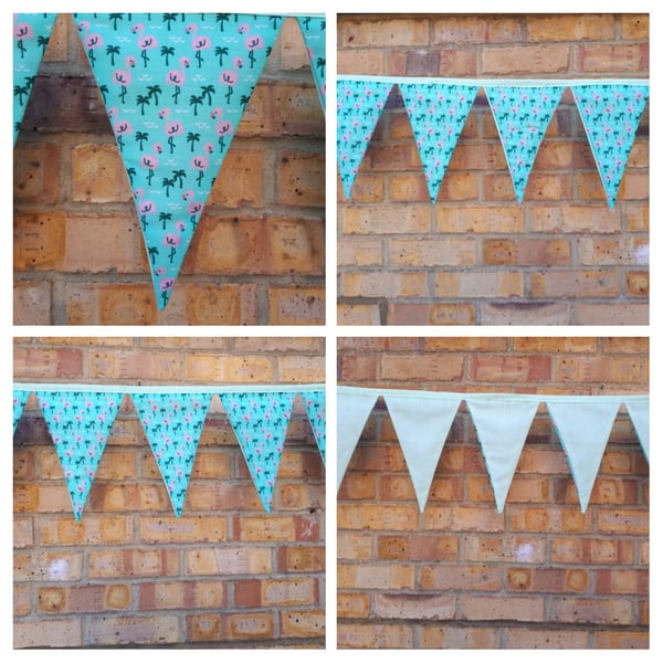 Bunting in flamingo fabric with pale green lining. 