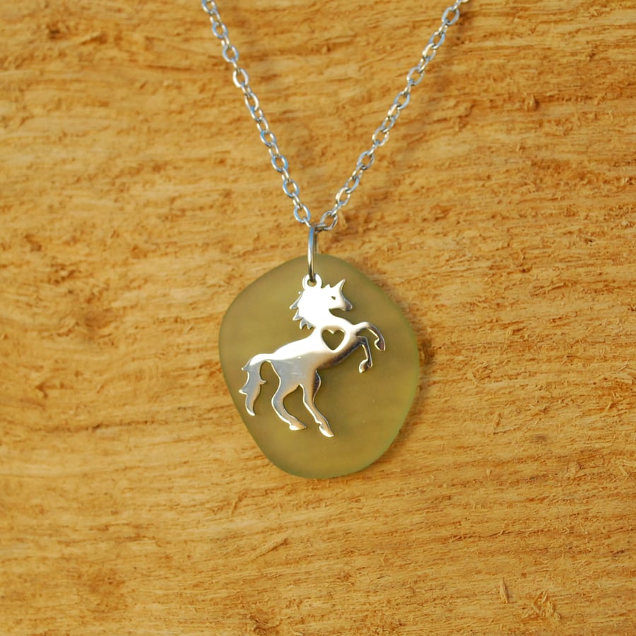 Beach glass pendant with horse charm