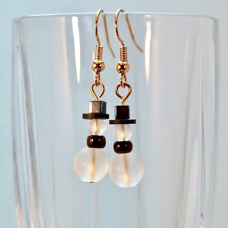 Christmas Snowman Earrings, Frosted Glass, Black Scarf, Price Includes UK P&P