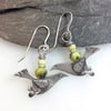 silver song bird earrings with  serpentine and butter jade beads