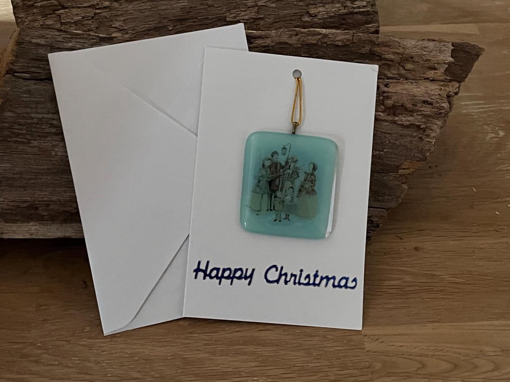 Unique Handcrafted Christmas Card with Artisan Fused Glass Victorian Carol singe