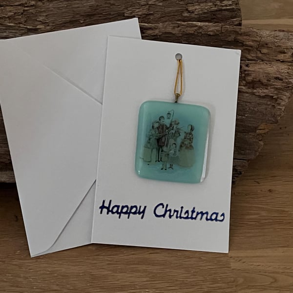 Unique Handcrafted Christmas Card with Artisan Fused Glass Victorian Carol singe