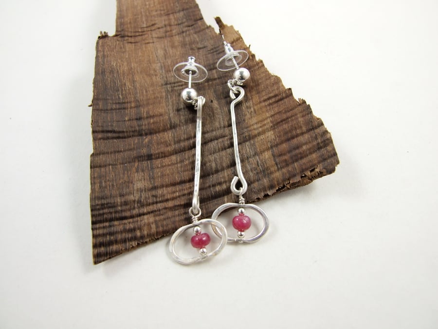 Earrings, Sterling Silver Long Drop with Natural Ruby Gemstones