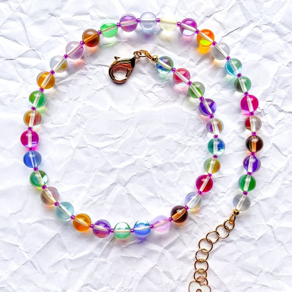 Iridescent Moonstone Chunky Glass Bead Necklace