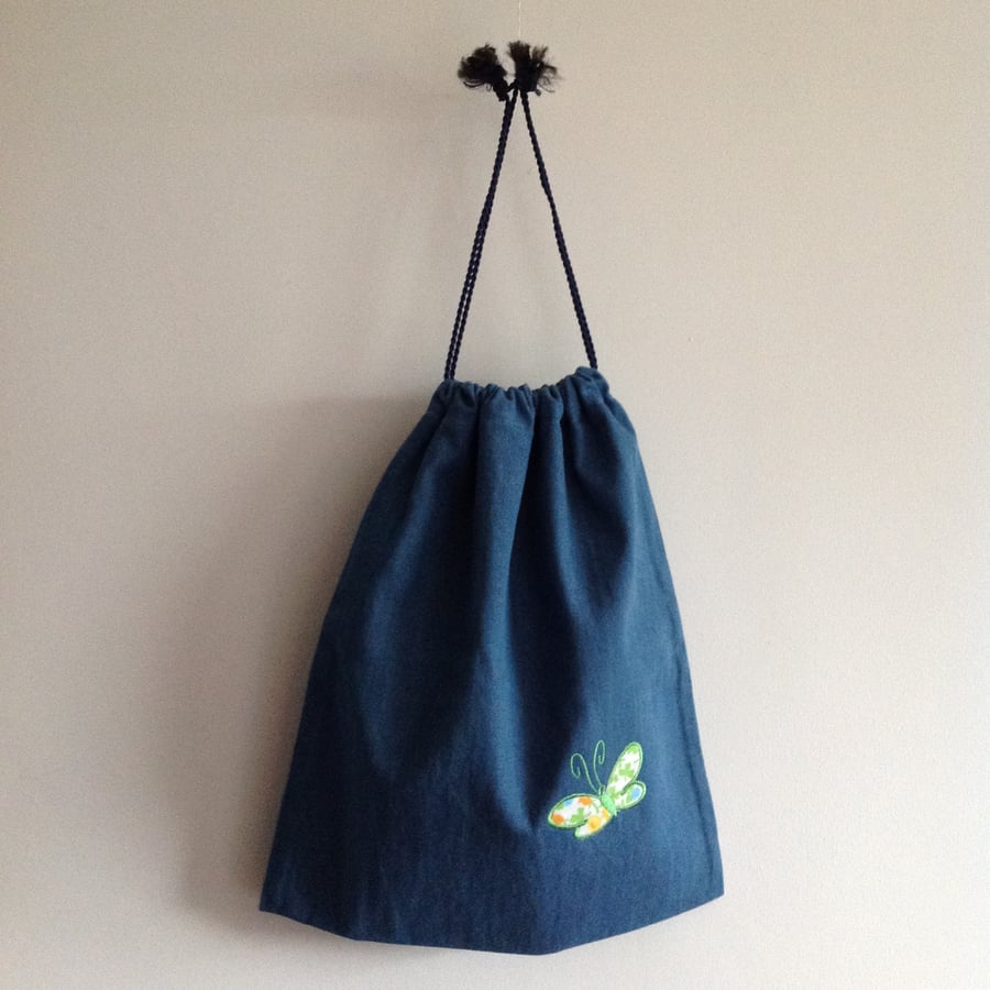 Denim Butterfly Drawstring Bag