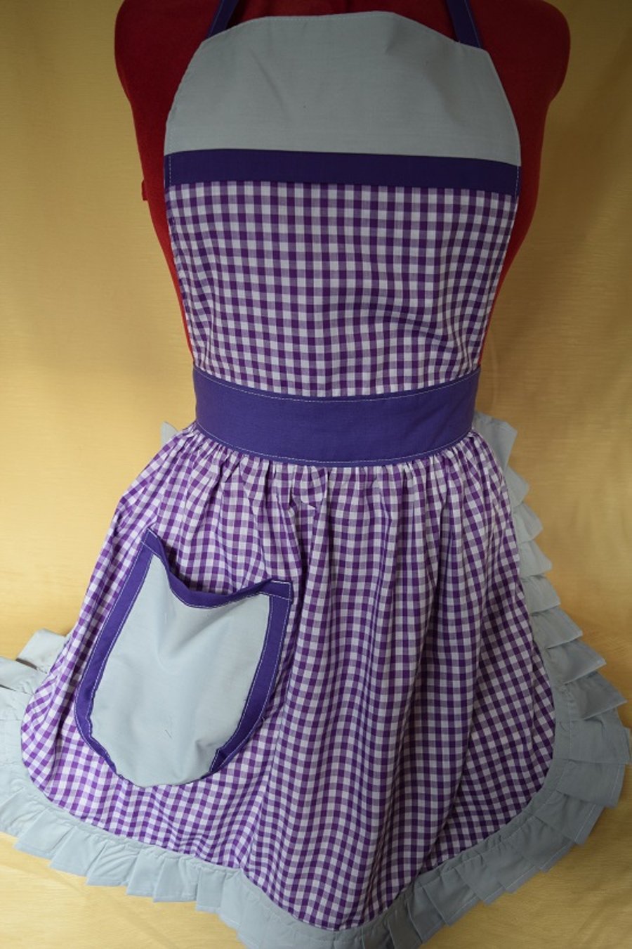 Vintage 50s Style Full Apron Pinny - Purple Gingham with Silver Grey Trim