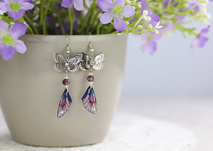 Fairy Wing Earrings - Butterfly Cicada - Silver Purple - Fairycore - Gift - Boho