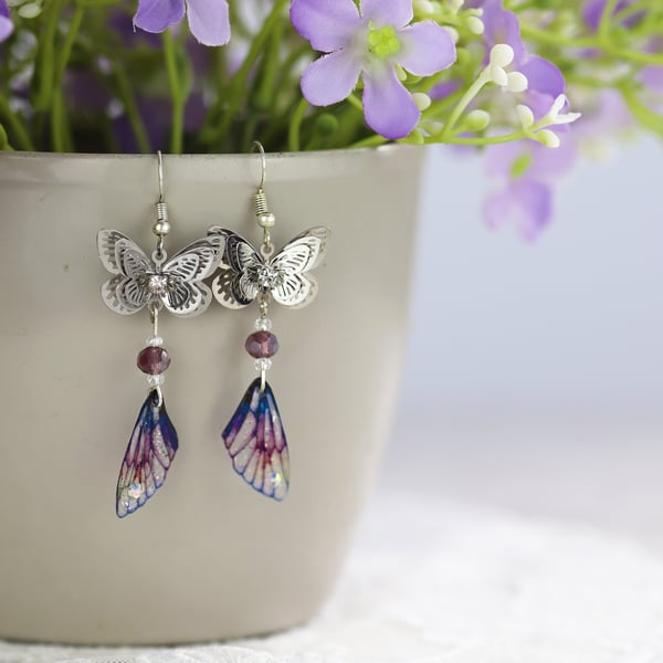 Fairy Wing Earrings - Butterfly Cicada - Silver Purple - Fairycore - Gift - Boho