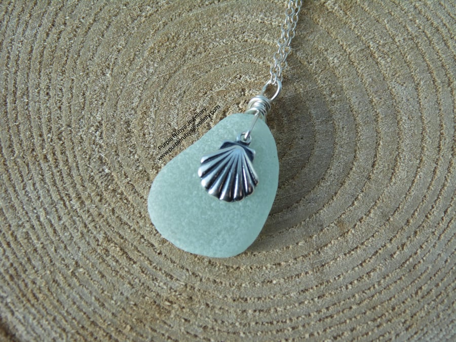 Mermaids Tear Necklace in Seafoam with Sea Shell Charm, Sterling Silver N584