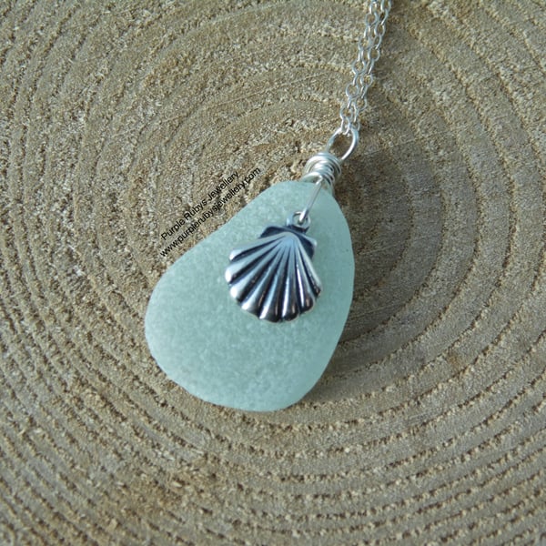 Mermaids Tear Necklace in Seafoam with Sea Shell Charm, Sterling Silver N584