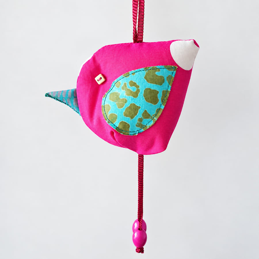 Pink Hanging Fabric Bird Ornament - Colourful Textile Bird Decoration