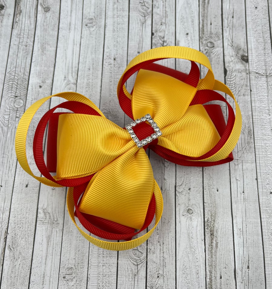 Large 5 inch Red and Yellow Gold Double Layer Bow with Double Loops
