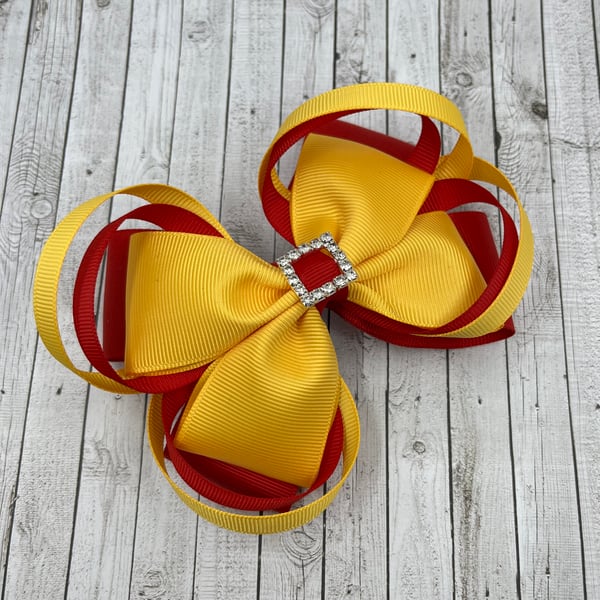 Large 5 inch Red and Yellow Gold Double Layer Bow with Double Loops