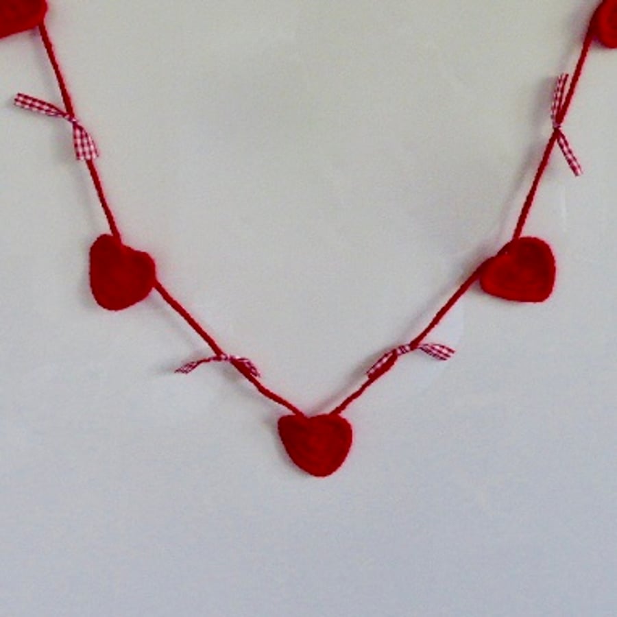 Red and gingham bunting, crochet heart garland, crochet bunting