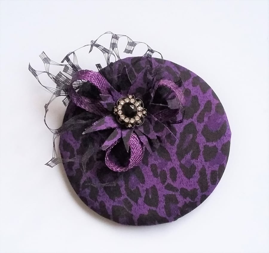 Purple & Black Leopard Print Cocktail Percher Hat Fascinator 