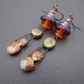 autumn lampwork glass copper earrings