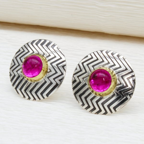 Zigzag ear studs featuring pink Corundum gemstones, handmade with a stone choice