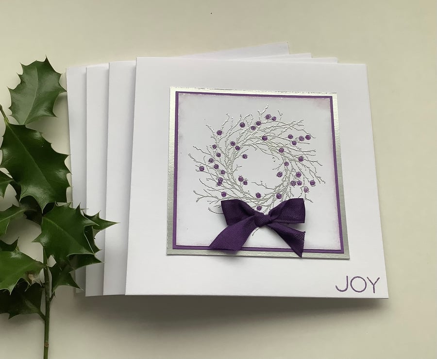 CHRISTMAS CARDS, pack of 4 , ' Joy' ( white, silver ,purple )..ready to ship ..