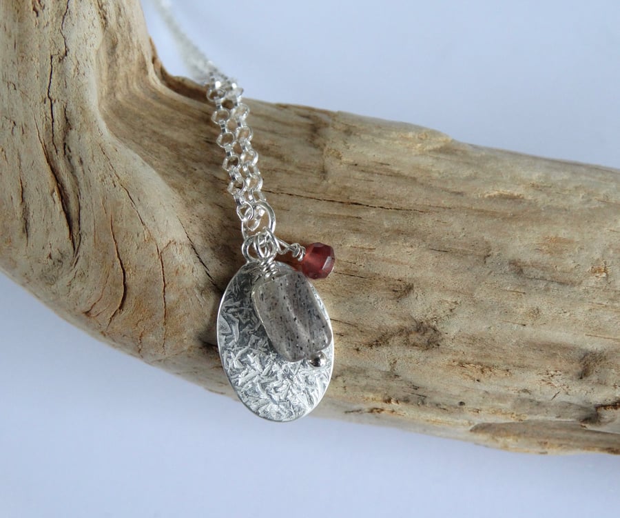 Eco Silver tiny tag pendant with labradorite and garnet