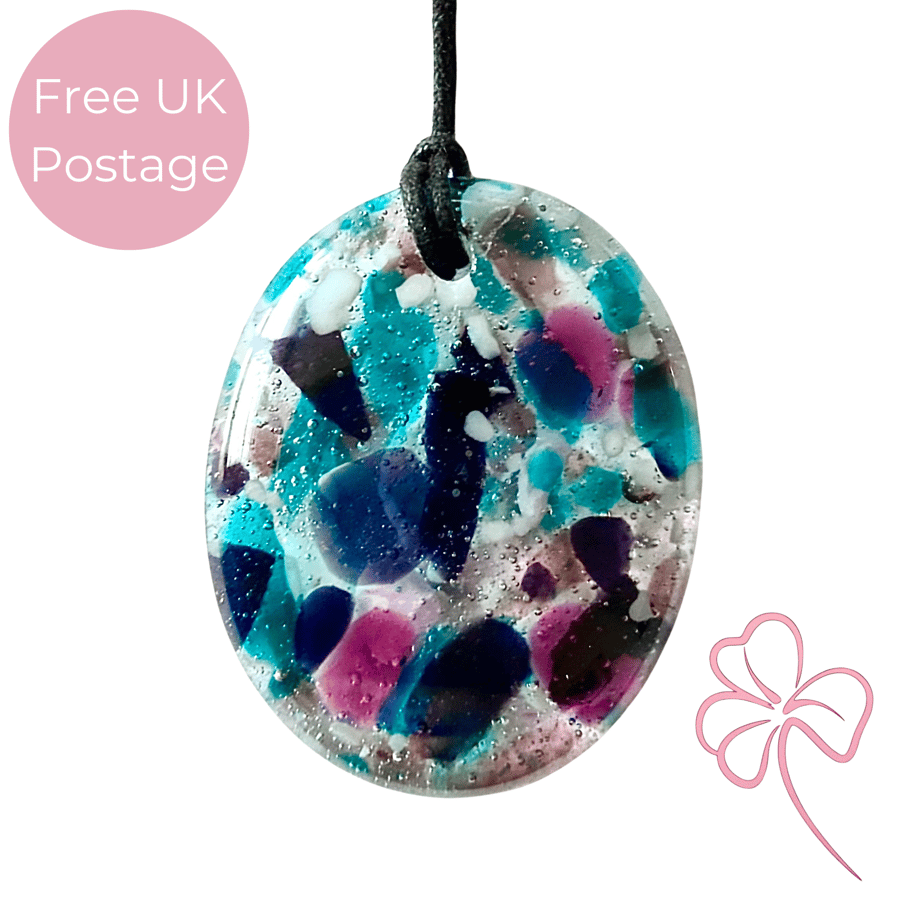 Purple and Blue Oval Fused Glass Pendant Necklace 