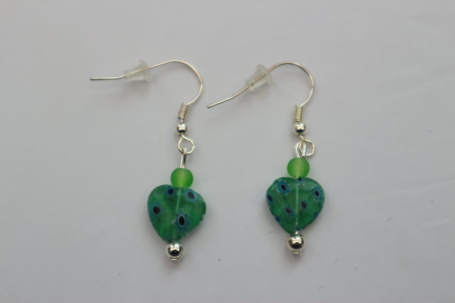 Silver plated beaded earrings- green and blue millefiori heart
