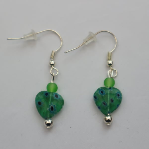 Silver plated beaded earrings- green and blue millefiori heart