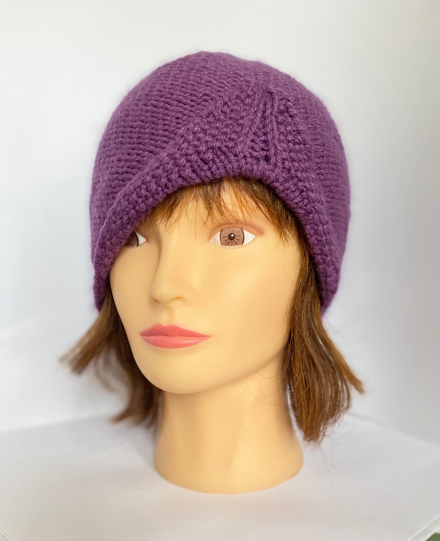 Purple Turban 1940s Style Hand Knit Hat, Vintage Look Women's Beanie