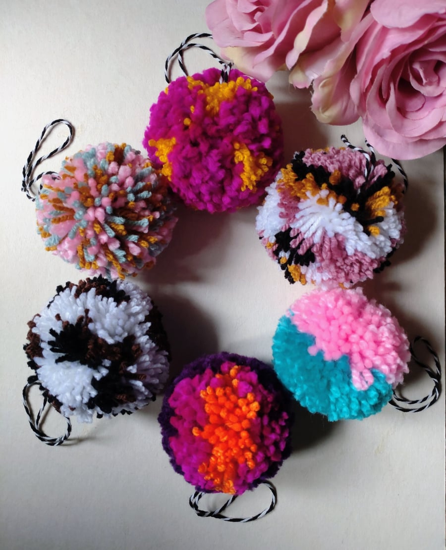 Wool Pompom Baubles, Set of 6, Multicoloured, Eclectic Bohemian Interiors.