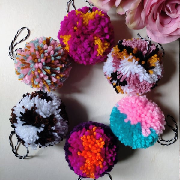 Wool Pompom Baubles, Set of 6, Multicoloured, Eclectic Bohemian Interiors.