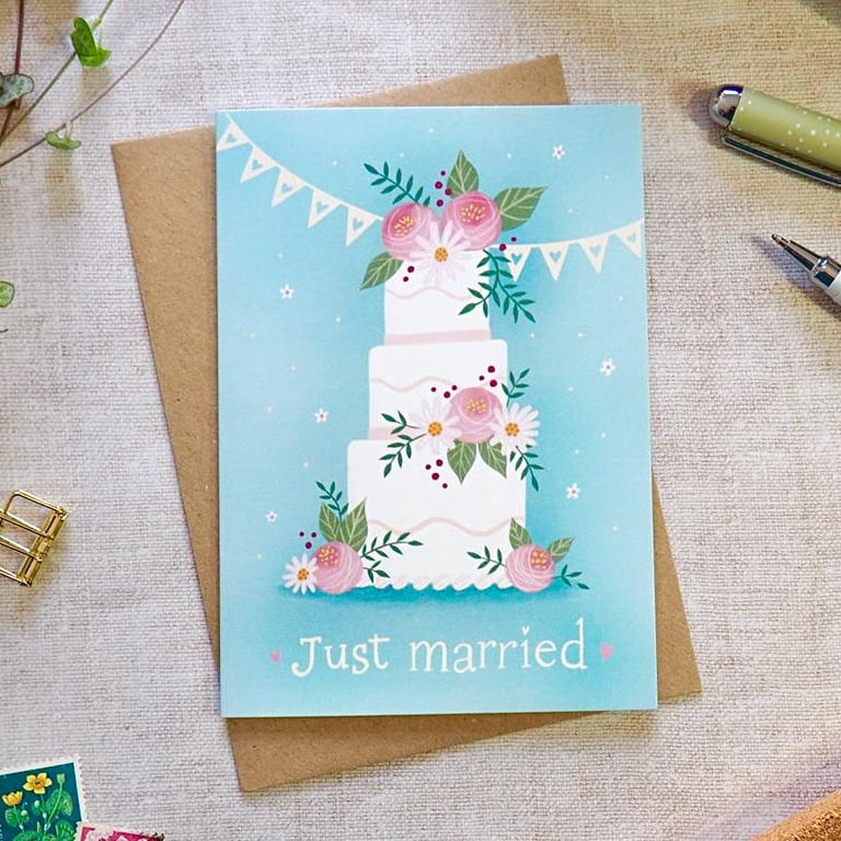 Peony Wedding Cake Just Married Card
