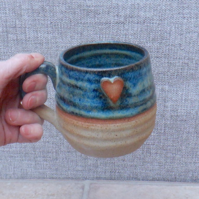 Handmade Large cuddle mug coffee tea cup hand thrown stoneware ceramic heart det