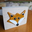 Cute Fused Glass fox mounted on a chunky block of wood