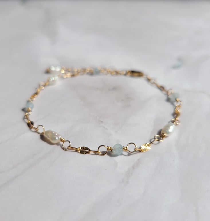 Pearl and Aquamarine Bracelet 14kt Gold Filled, Bridal Bracelet - Something Blue