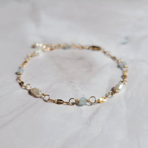 Pearl and Aquamarine Bracelet 14kt Gold Filled, Bridal Bracelet - Something Blue