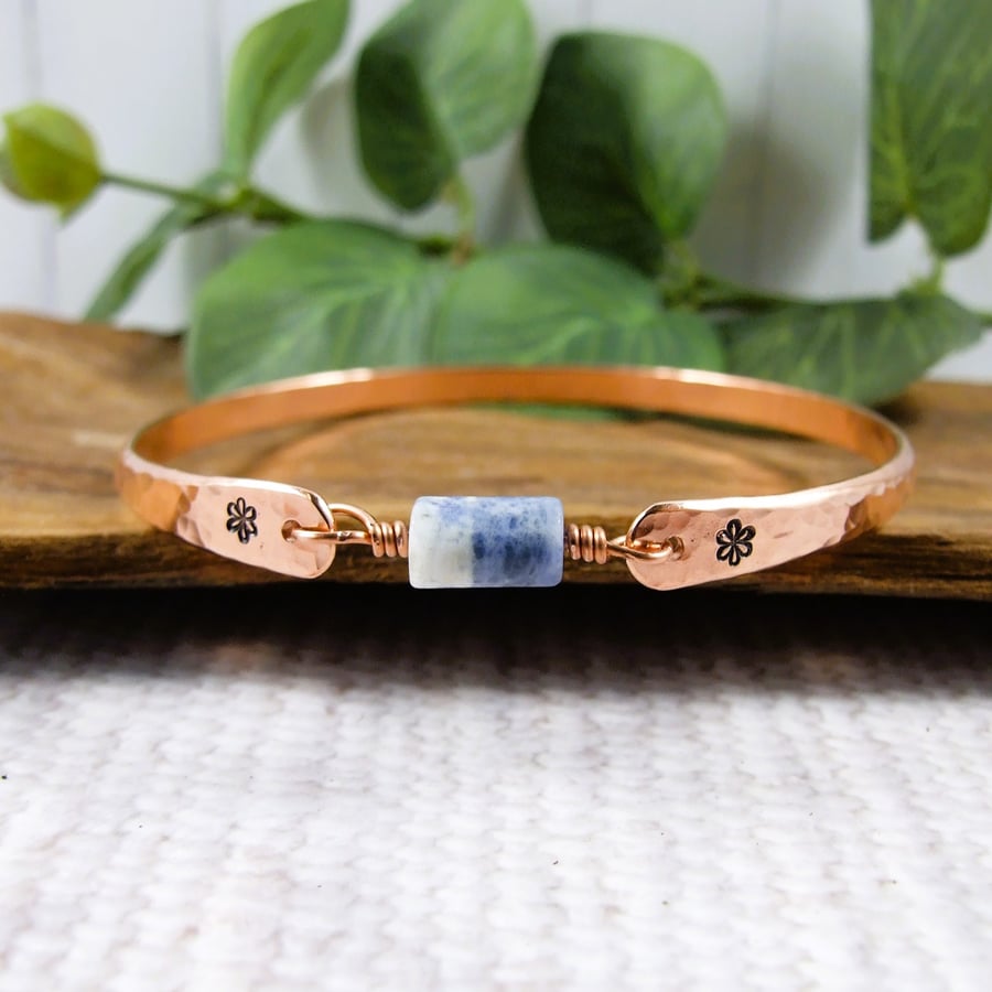 Bangle, Copper and Slodalite Bracelet with Stamped Flowers. Size 21cms