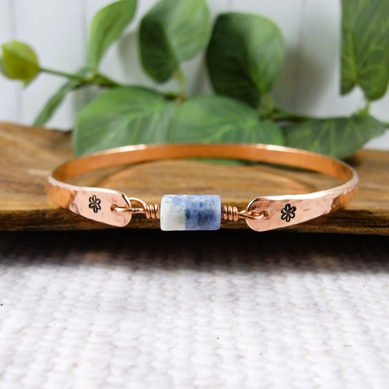 Bangle, Copper and Sodalite Bracelet with Stamped Flowers. Size 21cms