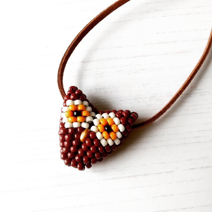Hand Beaded Brown Owl Necklace