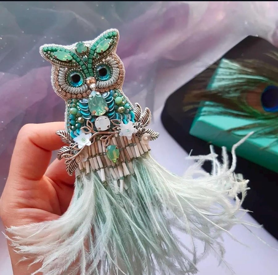 Green Owl Brooch with Beaded Crystals and Feathers Handmade Owl Pin Elegant Stat